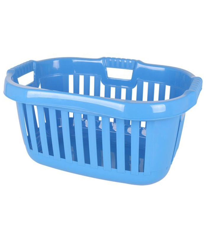 Cesta de color azul redondeada para la ropa de 66 x 44 x 25 cm con capacidad de 50 litros. Cesto de plástico para la colada con asa para transportarla. Capacho para el hogar.