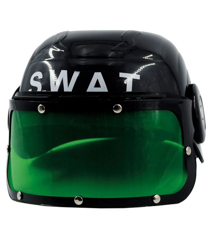 Tradineur - Casco infantil de swat con visor, plástico, gorro de policía, antidisturbios, niños, accesorio para disfraces, carnaval, Halloween, cosplay, fiestas (Negro y verde, 13 x 20 x 22 cm)