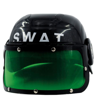 Tradineur - Casco infantil de swat con visor, plástico, gorro de policía, antidisturbios, niños, accesorio para disfraces, carnaval, Halloween, cosplay, fiestas (Negro y verde, 13 x 20 x 22 cm)