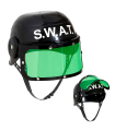 Tradineur - Casco infantil de swat con visor, plástico, gorro de policía, antidisturbios, niños, accesorio para disfraces, carnaval, Halloween, cosplay, fiestas (Negro y verde, 13 x 20 x 22 cm)