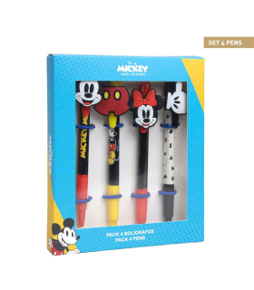 Tradineur - Pack de 4 boligrafos de Mickey Mouse con tinta en color negro, diseños distintos y alegres con gomas para intercambiar. Medidas caja: 13,7 x 16 cm. Set bolis licencia oficial Disney