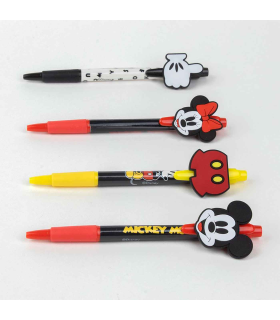 Tradineur - Pack de 4 boligrafos de Mickey Mouse con tinta en color negro, diseños distintos y alegres con gomas para intercambiar. Medidas caja: 13,7 x 16 cm. Set bolis licencia oficial Disney