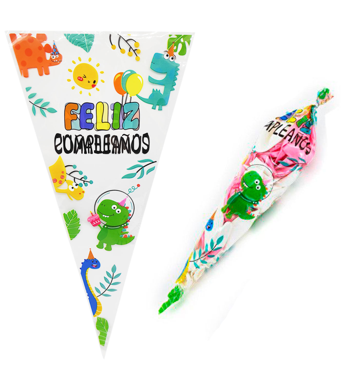 Tradineur - Pack de 10 bolsas de plástico para caramelos "Feliz cumpleaños", incluyen tiras de cierre, bolsas para regalar golosinas, chuches, dulces, fiestas (Dinosaurios, 38 x 17,5 cm)