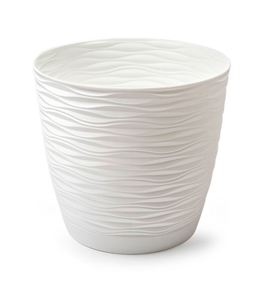 Tradineur - Maceta redonda con plato - Diseño Wind (Ø 19 cm) - Fabricado en plástico - Ideal para jardín exterior, terraza o balcón - Color Blanco Roto