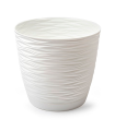 Tradineur - Maceta redonda con plato - Diseño Wind (Ø 19 cm) - Fabricado en plástico - Ideal para jardín exterior, terraza o balcón - Color Blanco Roto