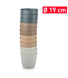 Tradineur - Maceta redonda con plato - Diseño Wind (Ø 19 cm) - Fabricado en plástico - Ideal para jardín exterior, terraza o balcón - Color Surtido