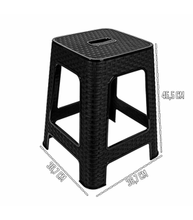 Tradineur - Taburete de plástico con asa Rattan, asiento de 28 x 28 cm, imitación de mimbre, banqueta multiusos, cocina, salón (Negro - 45,5 x 36,7 x 36,7 cm)