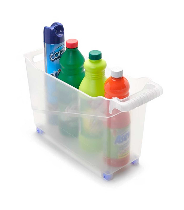 Tradineur - Carrito de plástico multiusos con ruedas - 27,8 x 45 x 16,8 cm - Cesta para diversos usos con ruedas para moverlo - Cesto para organización y almacenamiento - Transparente