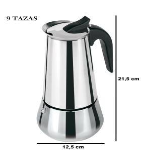 Tradineur - Cafetera arábica de acero inoxidable, 9 tazas, especial inducción, válida para todo tipo de fuegos, interior antióxido y asa resistente, apta para lavavajillas (Mate, 21,5 x 12,5 cm)