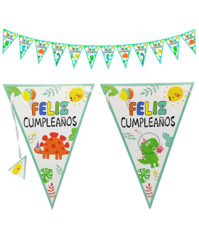 Tradineur - Guirnalda de cumpleaños de cartón con 12 banderines de dinosaurios, "Feliz cumpleaños", decoración para fiestas, celebraciones, niños, 4 metros, 19 x 28 cm