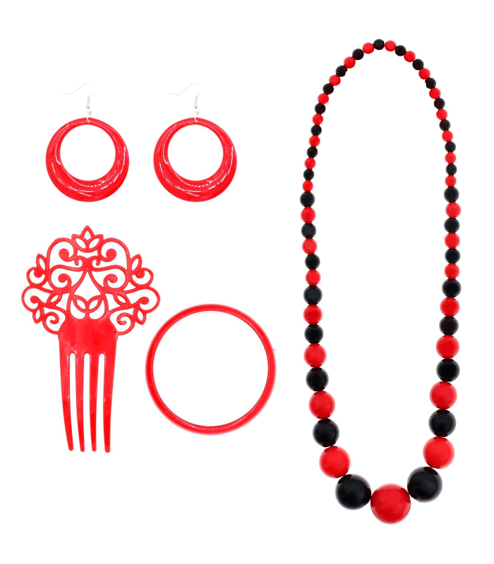 Tradineur - Set de flamenca bicolor, plástico, incluye collar, peineta, pulsera y pendientes, complementos para disfraz de sevillana, Carnaval, Halloween, cosplay, fiestas, rojo y negro