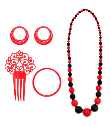 Tradineur - Set de flamenca bicolor, plástico, incluye collar, peineta, pulsera y pendientes, complementos para disfraz de sevillana, Carnaval, Halloween, cosplay, fiestas, rojo y negro