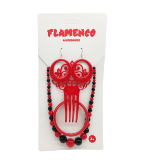 Tradineur - Set de flamenca bicolor, plástico, incluye collar, peineta, pulsera y pendientes, complementos para disfraz de sevillana, Carnaval, Halloween, cosplay, fiestas, rojo y negro