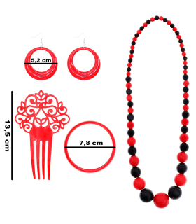 Tradineur - Set de flamenca bicolor, plástico, incluye collar, peineta, pulsera y pendientes, complementos para disfraz de sevillana, Carnaval, Halloween, cosplay, fiestas, rojo y negro