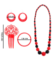 Tradineur - Set de flamenca bicolor, plástico, incluye collar, peineta, pulsera y pendientes, complementos para disfraz de sevillana, Carnaval, Halloween, cosplay, fiestas, rojo y negro