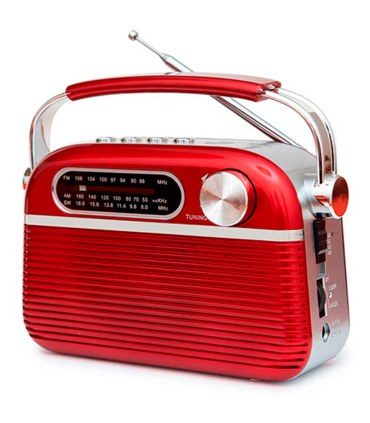 Tradineur - Radio vintage "Blues" portátil con asa, bluetooth, bandas AM/FM/SW, batería recargable, ranuras usb y micro SD, antena retráctil (Rojo, 12 x 18 x 7 cm)