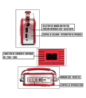 Tradineur - Radio vintage "Blues" portátil con asa, bluetooth, bandas AM/FM/SW, batería recargable, ranuras usb y micro SD, antena retráctil (Rojo, 12 x 18 x 7 cm)