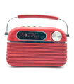 Tradineur - Radio vintage "Blues" portátil con asa, bluetooth, bandas AM/FM/SW, batería recargable, ranuras usb y micro SD, antena retráctil (Rojo, 12 x 18 x 7 cm)