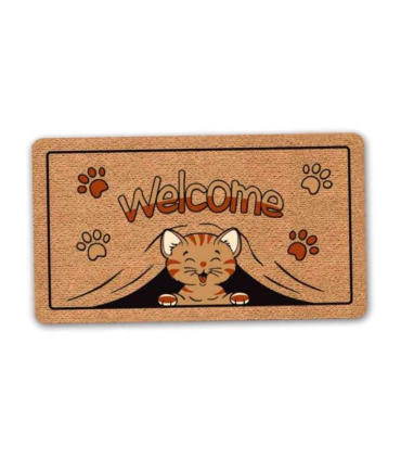 Tradineur - Felpudo Welcome Gato - Fabricado en Polipropileno - Ideal para dar la bienvenida a tus amigos en tu hogar - Antideslizante - 40 x 70 cm