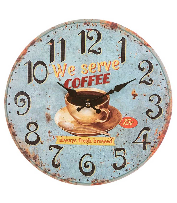 Tradineur - Reloj de pared de madera redondo con números grandes, diseño vintage "We serve coffee", cocina, cafetería, bar (Café, Ø 29,5 cm)