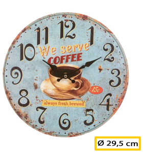 Tradineur - Reloj de pared de madera redondo con números grandes, diseño vintage "We serve coffee", cocina, cafetería, bar (Café, Ø 29,5 cm)