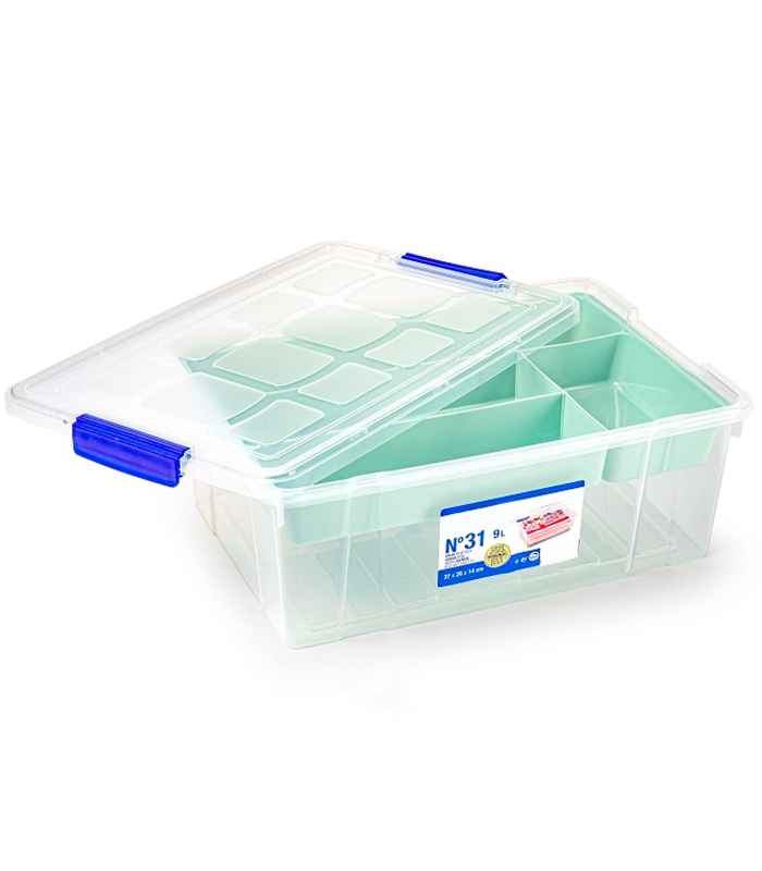 Tradineur - Caja de plástico con tapa y bandeja Nº31, transparente, cajón de almacenaje, ordenación, almacenamiento objetos, 9 litros, 37 x 26 x 14 cm, bandeja en color aleatorio