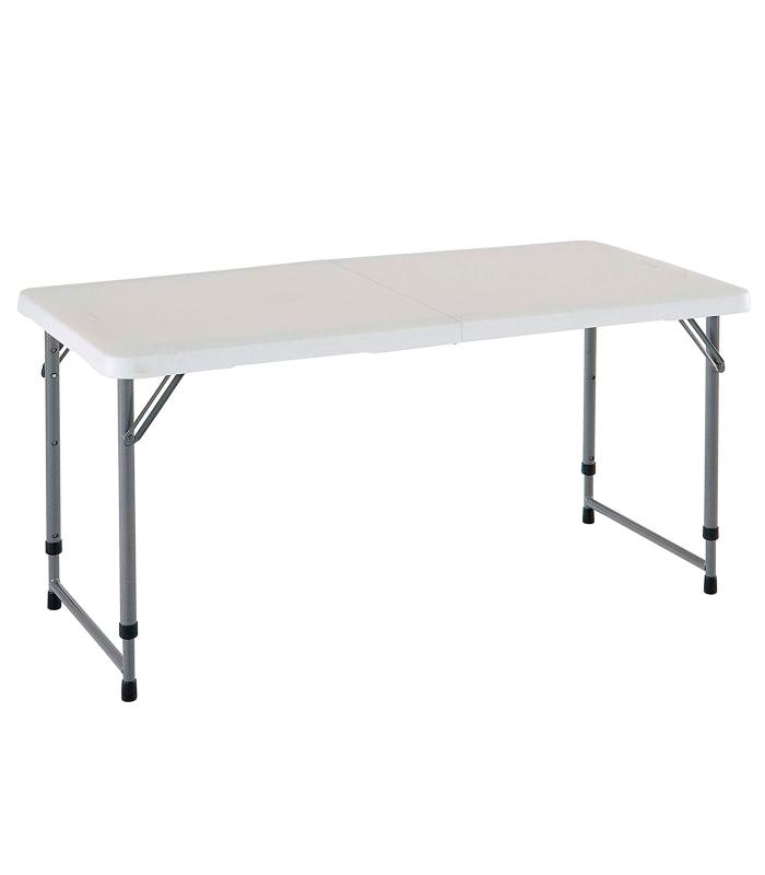 Tradineur - Mesa plegable de metal y plástico con altura ajustable, 2 posiciones, asa de transporte, playa, camping (Blanco, 58,5/74,5 x 120 x 61 cm)