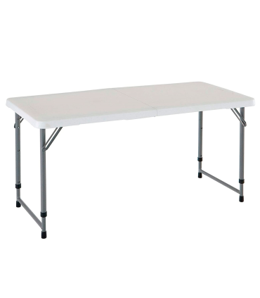 Tradineur - Mesa plegable de metal y plástico con altura ajustable, 2 posiciones, asa de transporte, playa, camping (Blanco, 58,5/74,5 x 120 x 61 cm)