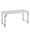 Tradineur - Mesa plegable de metal y plástico con altura ajustable, 2 posiciones, asa de transporte, playa, camping (Blanco, 58,5/74,5 x 120 x 61 cm)