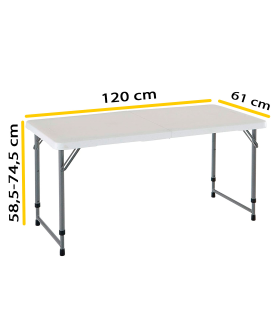 Tradineur - Mesa plegable de metal y plástico con altura ajustable, 2 posiciones, asa de transporte, playa, camping (Blanco, 58,5/74,5 x 120 x 61 cm)