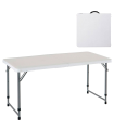 Tradineur - Mesa plegable de metal y plástico con altura ajustable, 2 posiciones, asa de transporte, playa, camping (Blanco, 58,5/74,5 x 120 x 61 cm)