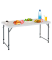 Tradineur - Mesa plegable de metal y plástico con altura ajustable, 2 posiciones, asa de transporte, playa, camping (Blanco, 58,5/74,5 x 120 x 61 cm)