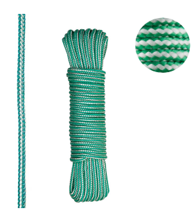 Tradineur - Cuerda trenzada de polipropileno, madeja de cordón resistente para tendedero, colgar ropa, uso interior y exterior (Blanco/Verde, 10 m de tendido)