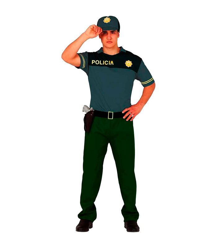 Tradineur - Disfraz de policía para hombre, manga corta, 100% poliéster, incluye gorra, camiseta, pantalón y cinturón, atuendo de carnaval, Halloween, cosplay, fiestas (Adulto, Talla M)