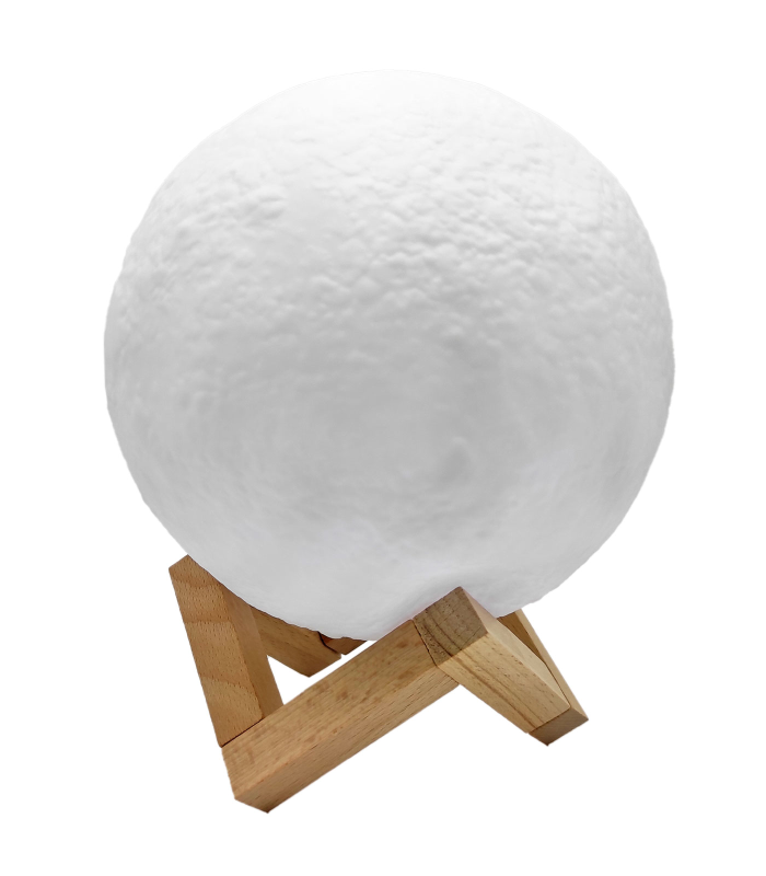 Tradineur - Lámpara de sobremesa con forma de luna, base de madera, plástico blanco, funciona con pila, decoración de salón, dormitorio, Ø 15 cm