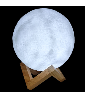 Tradineur - Lámpara de sobremesa con forma de luna, base de madera, plástico blanco, funciona con pila, decoración de salón, dormitorio, Ø 15 cm