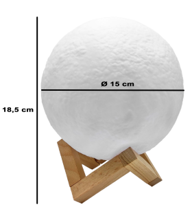 Tradineur - Lámpara de sobremesa con forma de luna, base de madera, plástico blanco, funciona con pila, decoración de salón, dormitorio, Ø 15 cm