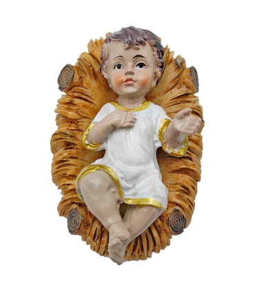 Figura niño Jesús en cuna para pesebre 11 x 7,5 x 4,5 cm, resina, figura decorativa de belén navideño, portal, navidad, decoración tradicional