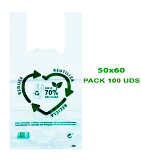 Tradineur - Pack de 100 bolsas de plástico tipo camiseta, reutilizables, gran resistencia, cumplen normativa, aptas para uso alimentario (50 x 60 cm)