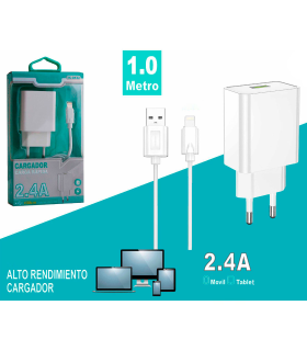 Tradineur - Cargador de móvil compatible con iOS, 2.4A, cable de 100 cm, carga rápida, enchufe de corriente, smartphone, tablet, hogar, viaje (Blanco)