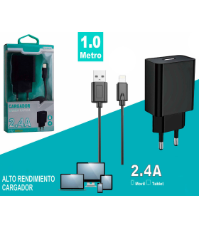 Tradineur - Cargador de móvil 2.4A compatible con iOS, cable de 100 cm, carga rápida, enchufe de corriente, smartphone, tablet, hogar, viaje (Negro)