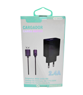 Tradineur - Cargador de móvil 2.4A compatible con iOS, cable de 100 cm, carga rápida, enchufe de corriente, smartphone, tablet, hogar, viaje (Negro)