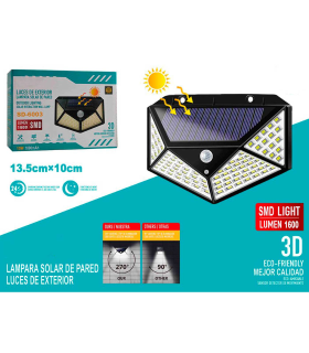 Tradineur - Foco exterior, lámpara solar de pared, recargable, 15 W, 1600 lumen, sensor de movimiento, resistente al agua, incluye tornillos y tacos, iluminación de jardín, 13,5 x 9,7 cm