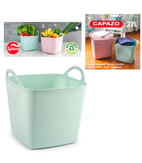 Tradineur - Capazo cuadrado de plástico, cubo flexible multiusos con asas, transporte de alimentos, ropa, jardín, hogar, fabricado en España, 27 litros, 31 x 34,5 cm, color pastel aleatorio