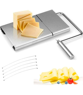 Tradineur - Cortador de queso manual, guillotina de acero inoxidable, incluye 5 hilos de repuesto, corte ajustable, cortar mantequilla, frutas, verduras, diseñado en España, 23 x 24 x 2,2 cm