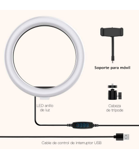 Anillo de luz de relleno LED, aro iluminación fotográfica con soporte para móvil, videoconferencia, selfie, Tik Tok, maquillaje, Youtube Live, Ø 30 cm