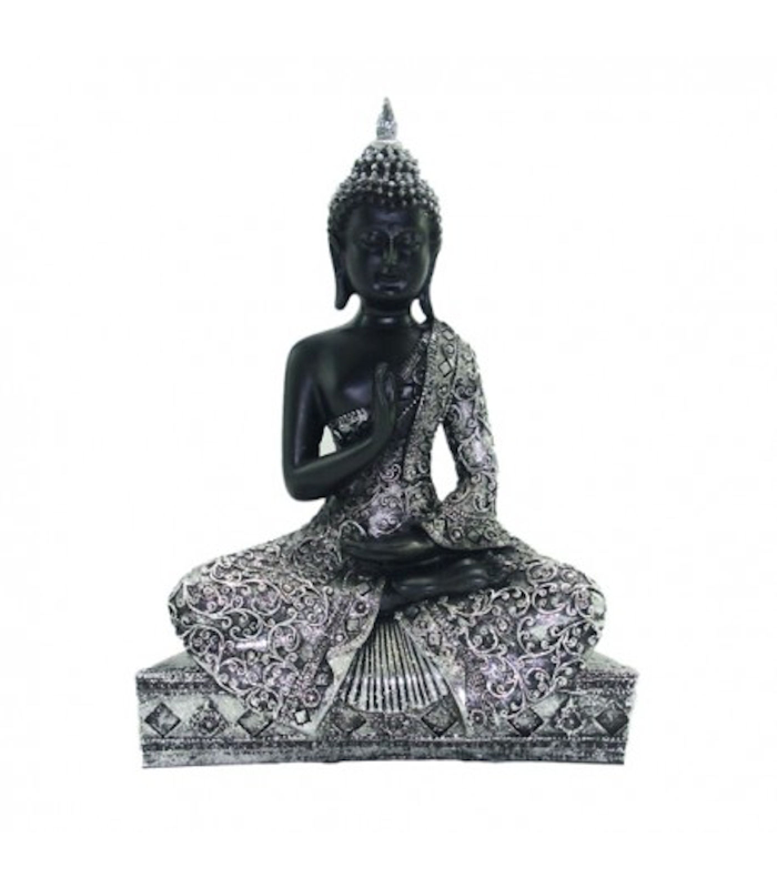 Figura de buda realizada en resina, de color negro con acabados en plateado, de 19 x 8 x 25 cm, Pequeña estatua de buda para decoración de hogar u oficina. Figurita zen para exterior o interior.