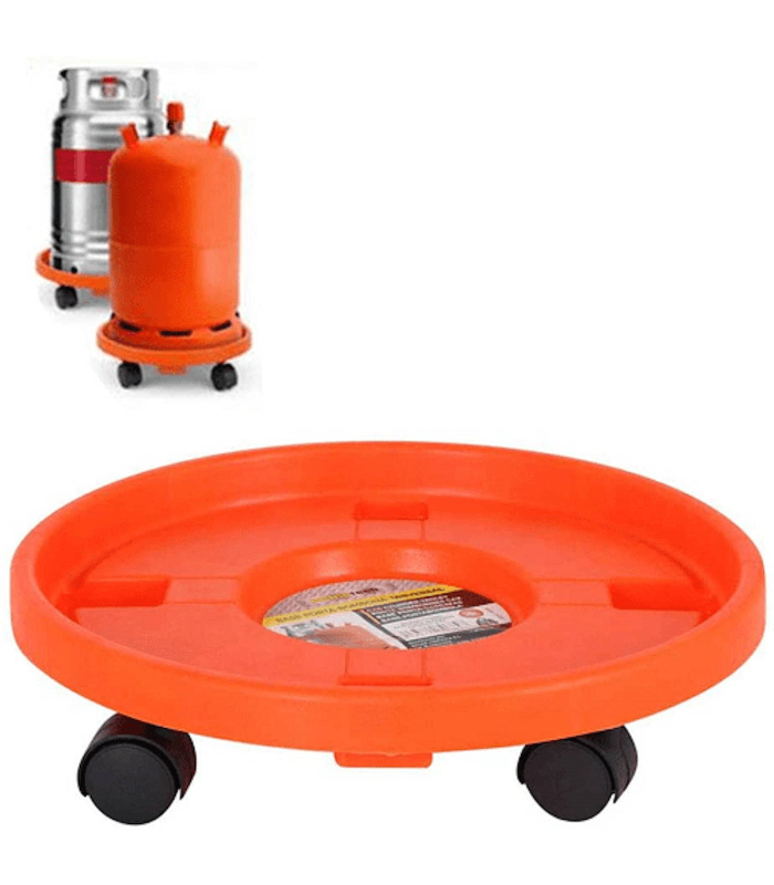 Portabombonas para trasporte butano de color naranja y de 33,5 cm de diámetro y 7,5 cm de alto con 4 ruedas, Soporte para bombonas con ruedas bidireccionales de plástico,