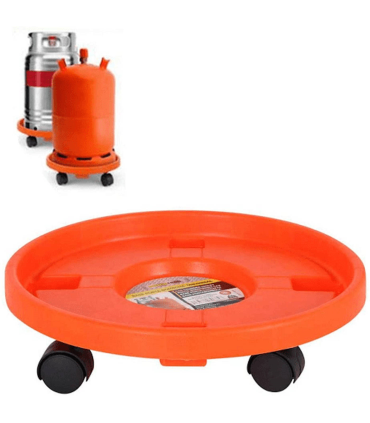 Portabombonas para trasporte butano de color naranja y de 33,5 cm de diámetro y 7,5 cm de alto con 4 ruedas, Soporte para bombonas con ruedas bidireccionales de plástico,