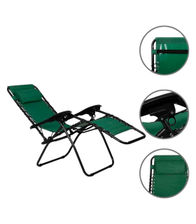 Tradineur - Silla / Tumbona plegable de acero, reclinable, reposacabezas acolchado, tejido resistente. Color verde. 90 x 66 x 108 cm